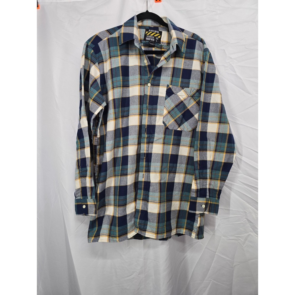 Big Rock Canyon Mens Flannel Shirt Large Blue Green Yellow Plaid Cotton Long Slv